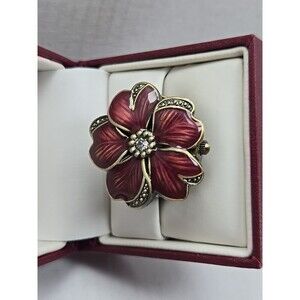 BWC Flower Ring Watch Hidden Dial Brass Burgundy Enamel Stretch Band New Battery